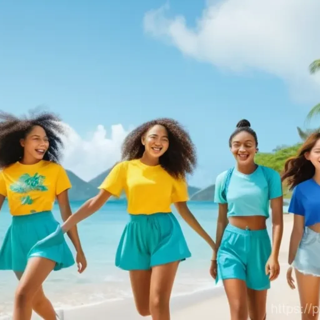 세인트루시아와 한국의 관계 - **Prompt:** A vibrant outdoor scene on a sunny beach in Saint Lucia. A diverse group of five young p...
