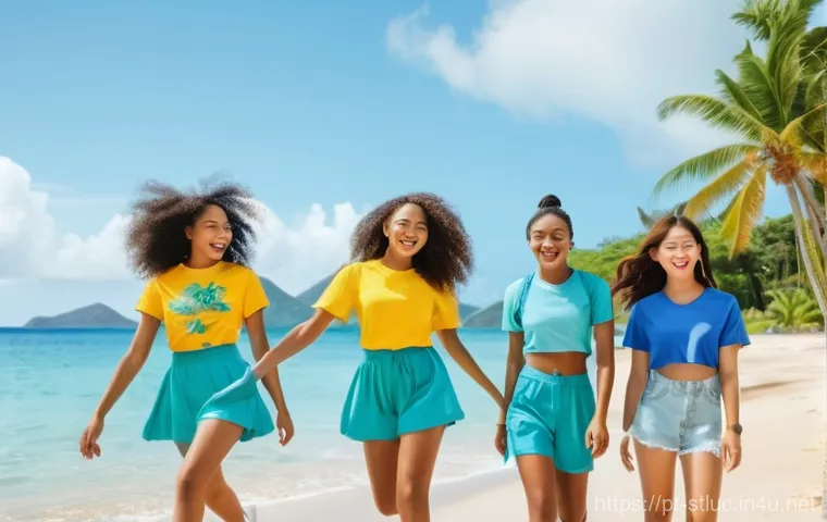 세인트루시아와 한국의 관계 - **Prompt:** A vibrant outdoor scene on a sunny beach in Saint Lucia. A diverse group of five young p...