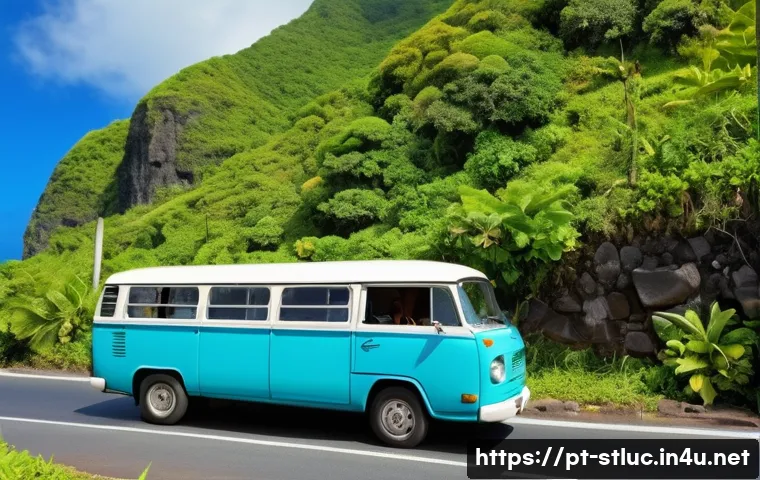 세인트루시아 대중교통 정보 - A vibrant, open-windowed local St. Lucian minibus, painted in bright, cheerful colors, with a distin...