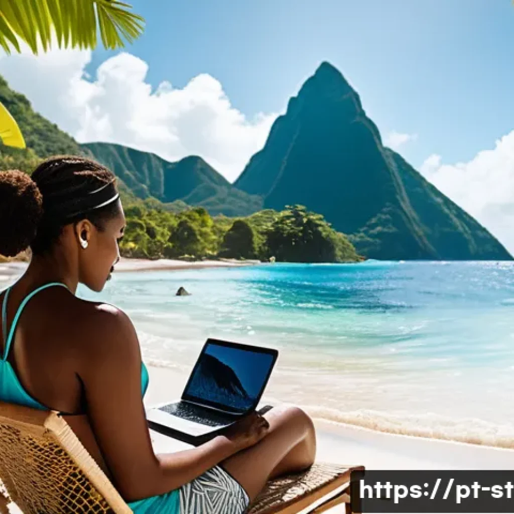 세인트루시아에서 인터넷 속도 - **"A digital nomad, a young adult of diverse ethnicity, is working on a laptop while comfortably sea...