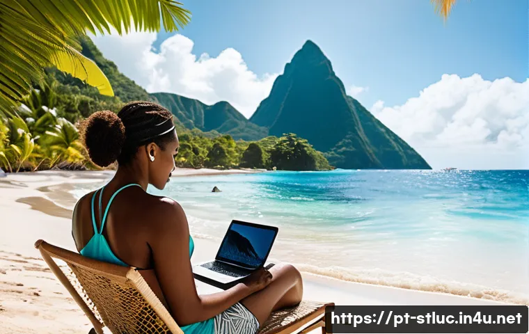 세인트루시아에서 인터넷 속도 - **"A digital nomad, a young adult of diverse ethnicity, is working on a laptop while comfortably sea...