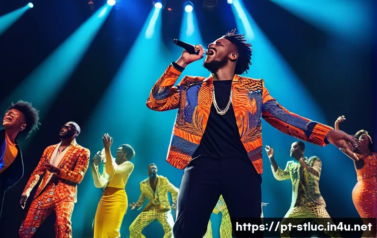 세인트루시아 출신 가수 - **Prompt 1: The Global Caribbean Performer**
A dynamic, full-body shot of a male musical artist,...