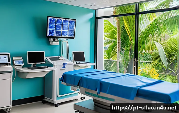 세인트루시아 병원 및 의료시설 - A modern healthcare center in Saint Lucia, featuring advanced digital ultrasound machines, CT scanne...