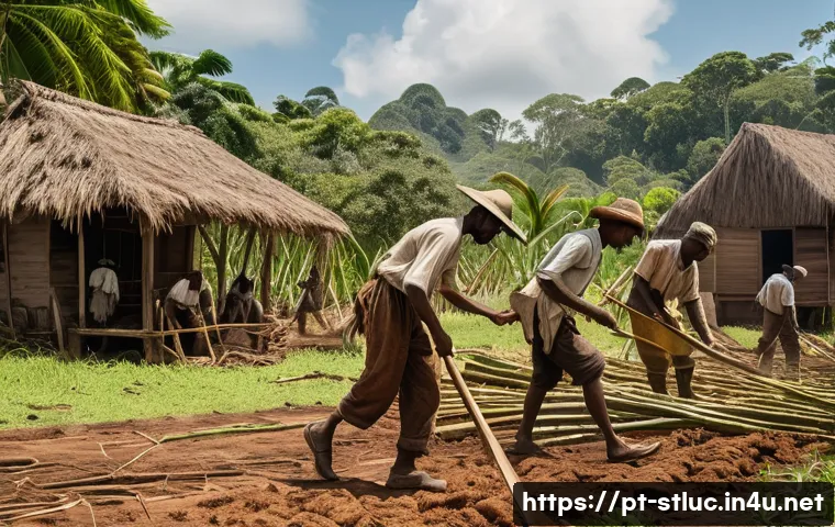세인트루시아 노예제 역사 - A vivid and historically accurate scene of enslaved African workers laboring on a Caribbean sugar pl...
