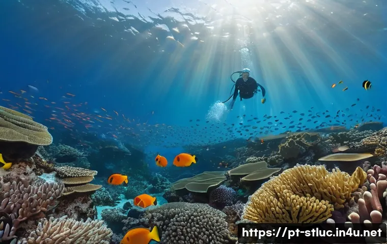 세인트루시아 다이빙 스팟 - Vibrant underwater scene of Santa Lucia’s coral reefs at Anse Chastanet, showcasing colorful coral f...