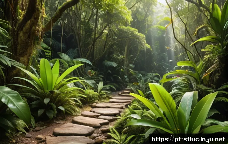 세인트루시아의 국립 공원 - A vibrant tropical rainforest trail in the Caribbean, lush green foliage with rare orchids hanging f...