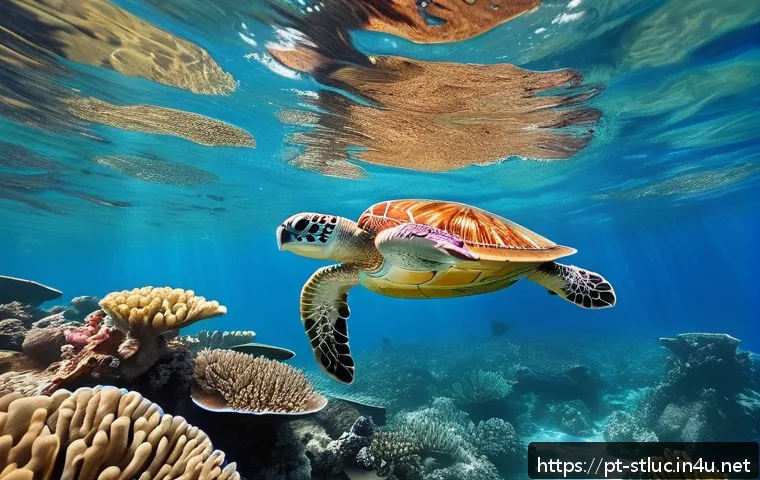 세인트루시아 스노클링 명소 - A vibrant underwater scene of a tropical coral reef in Saint Lucia, featuring colorful coral formati...