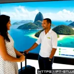 세인트루시아 가는 방법 - Photorealistic travel scene at a modern Brazilian international airport, a Portuguese-speaking coupl...