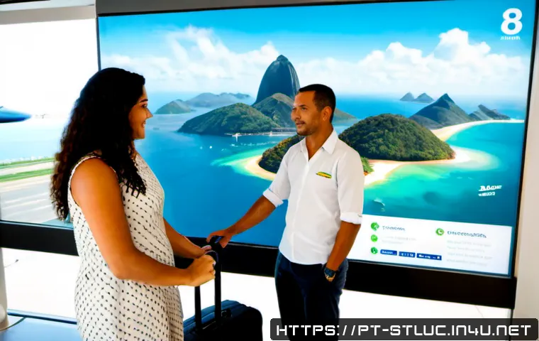 세인트루시아 가는 방법 - Photorealistic travel scene at a modern Brazilian international airport, a Portuguese-speaking coupl...