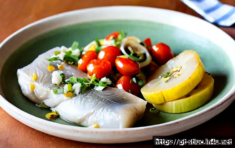 Home 15 세인트루시아 전통 요리 - Photorealistic close-up of Saint Lucian green fig and saltfish, tender boiled green bananas with fla...