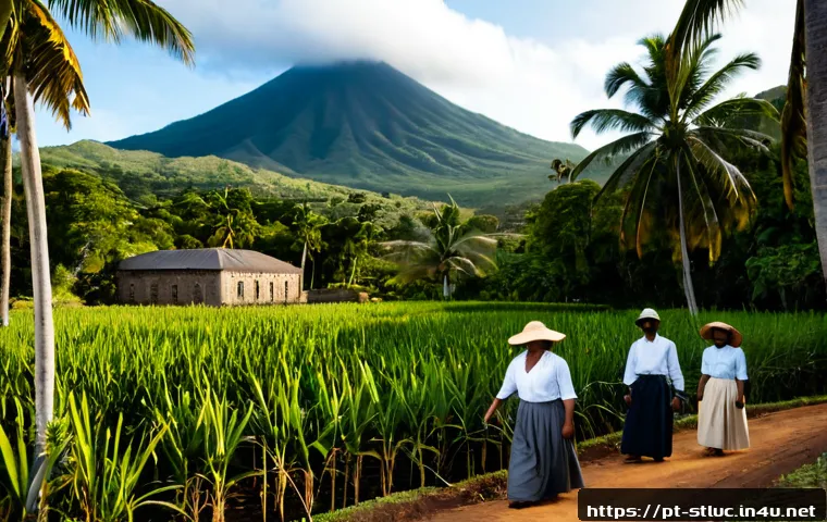 Home 15 세인트루시아 영국 식민지 시대 - Photorealistic 19th-century Saint Lucia during the British colonial era, wide view of a tropical sug...