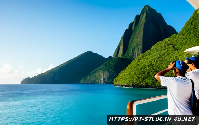 세인트루시아 크루즈 여행 - Photorealistic Caribbean cruise arrival in Saint Lucia, wide eye-level view from a polished cruise s...