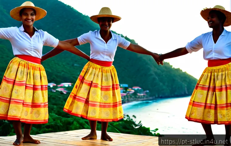 세인트루시아 전통 춤 - Photorealistic Saint Lucian traditional folk dance at a sunlit Caribbean village festival, adult dan...